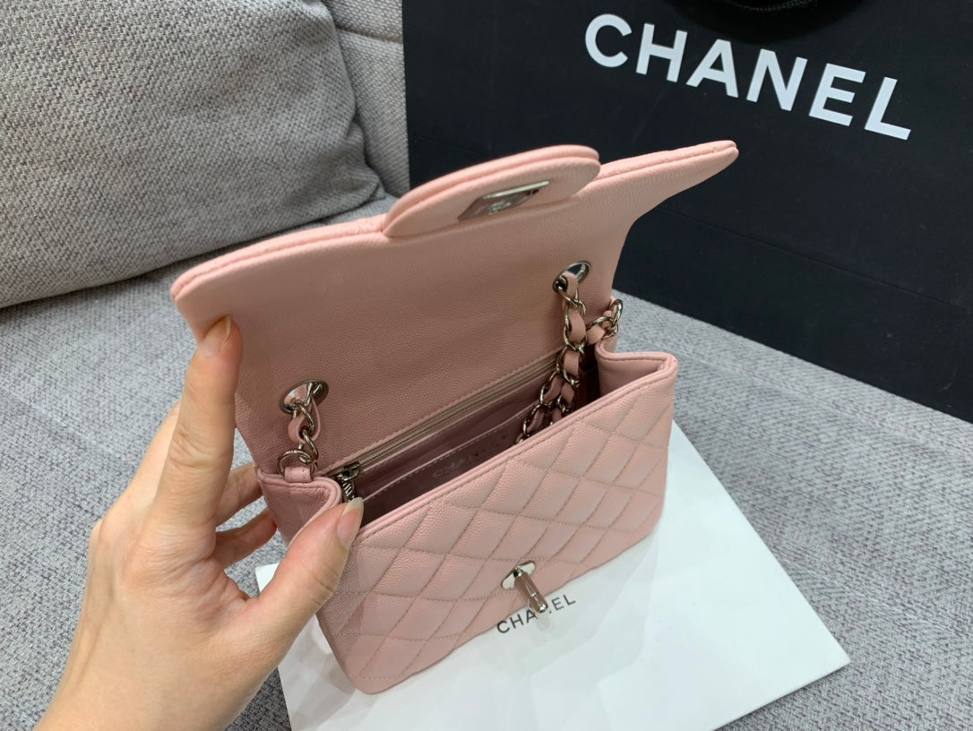 MINI SQUARE FLAP BAG 17CM PINK CAVIAR SILVER HARDWARE