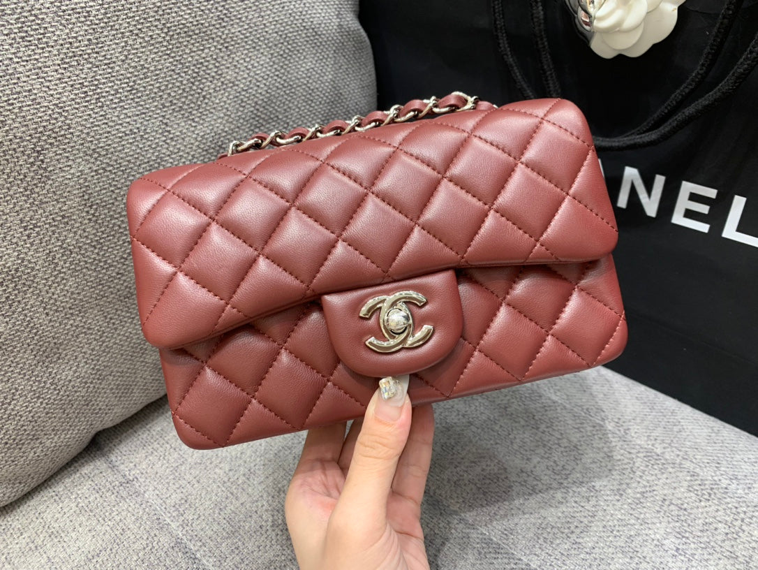 MINI RECTANGLE FLAP BAG 20CM BURGUNDY LAMBSKIN SILVER HARDWARE