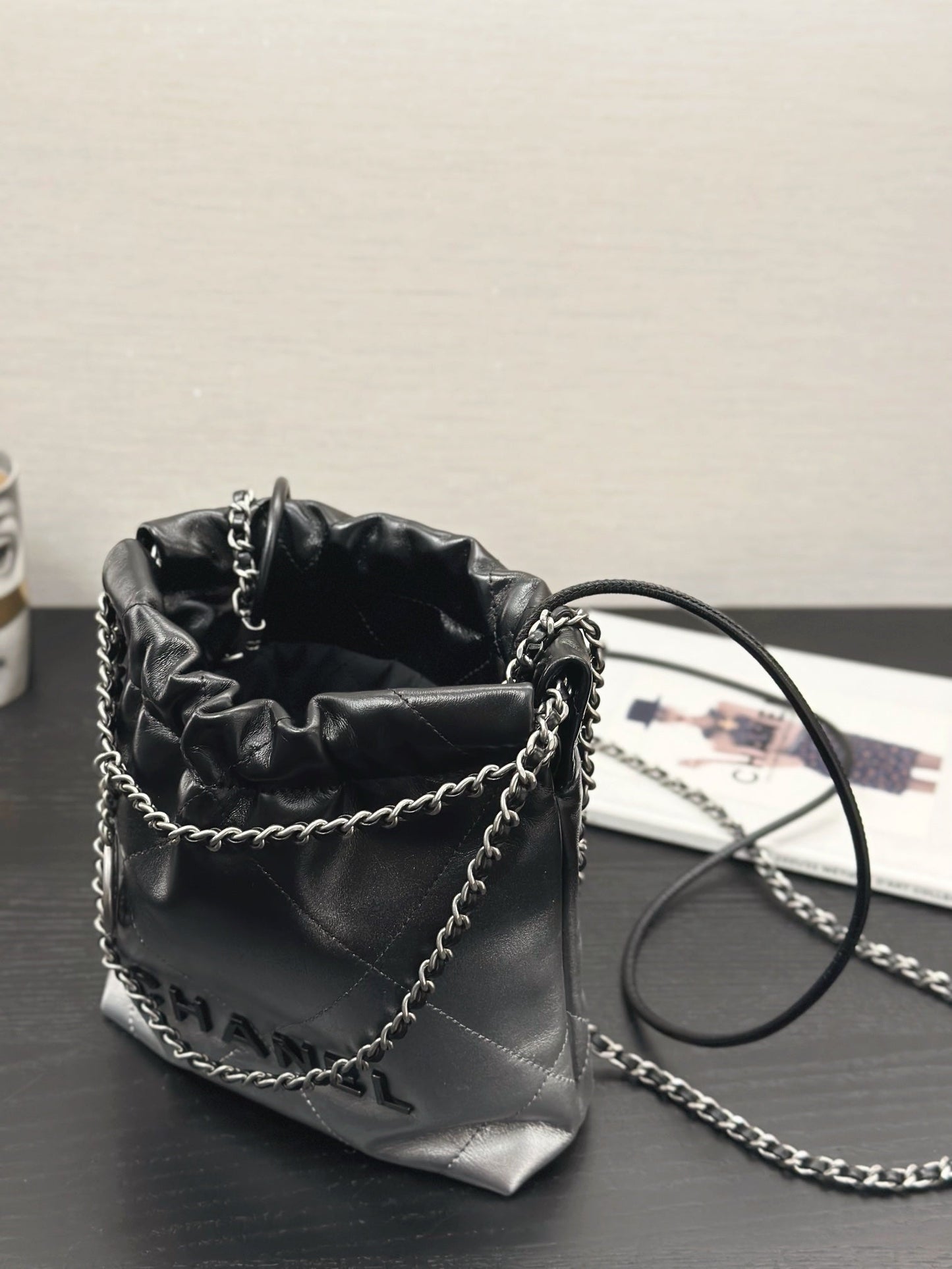 CC HOBO MINI 20CM BLACK GREY LAMBSKIN SILVER HARDWARE