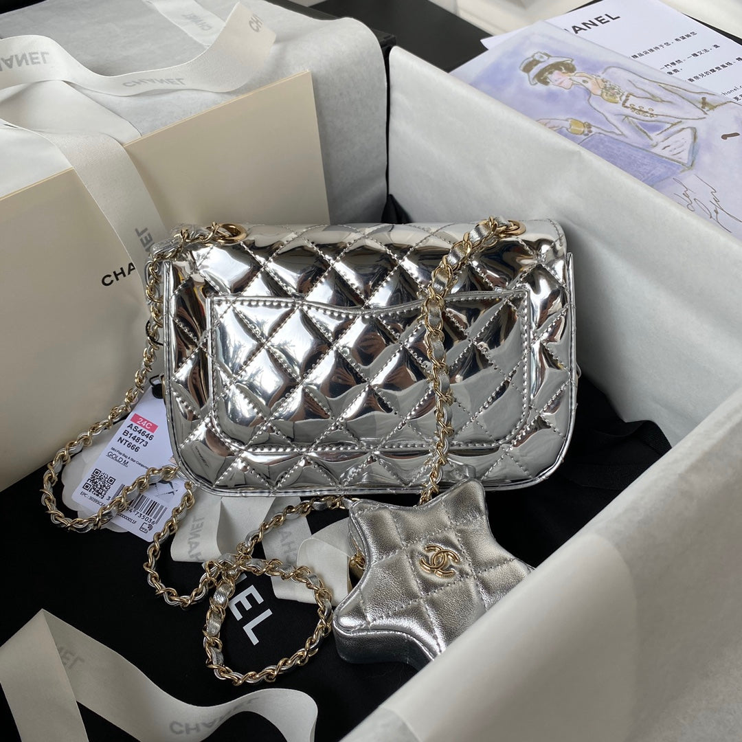 FLAP BAG MINI 20CM SILVER METALIC CALFSKIN