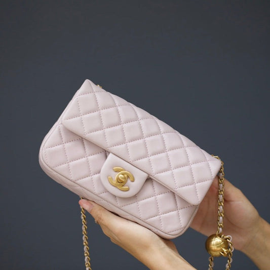 MINI RECTANGLE FLAP BAG 20CM LIGHT PINK LAMBSKIN GOLD HARDWARE