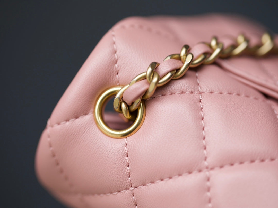 MINI RECTANGLE FLAP BAG 20CM PINK LAMBSKIN GOLD HARDWARE