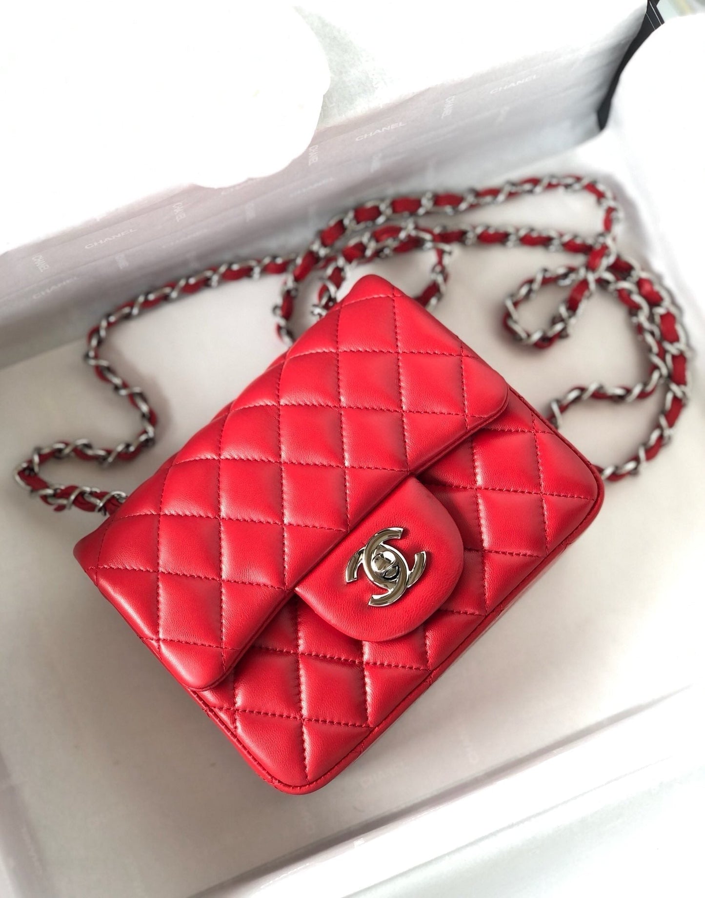 MINI SQUARE FLAP BAG 17CM RED LAMBSKIN SILVER HARDWARE