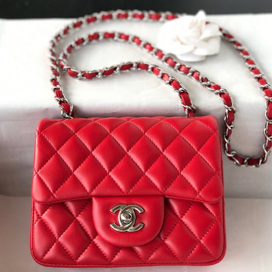 MINI SQUARE FLAP BAG 17CM RED LAMBSKIN SILVER HARDWARE