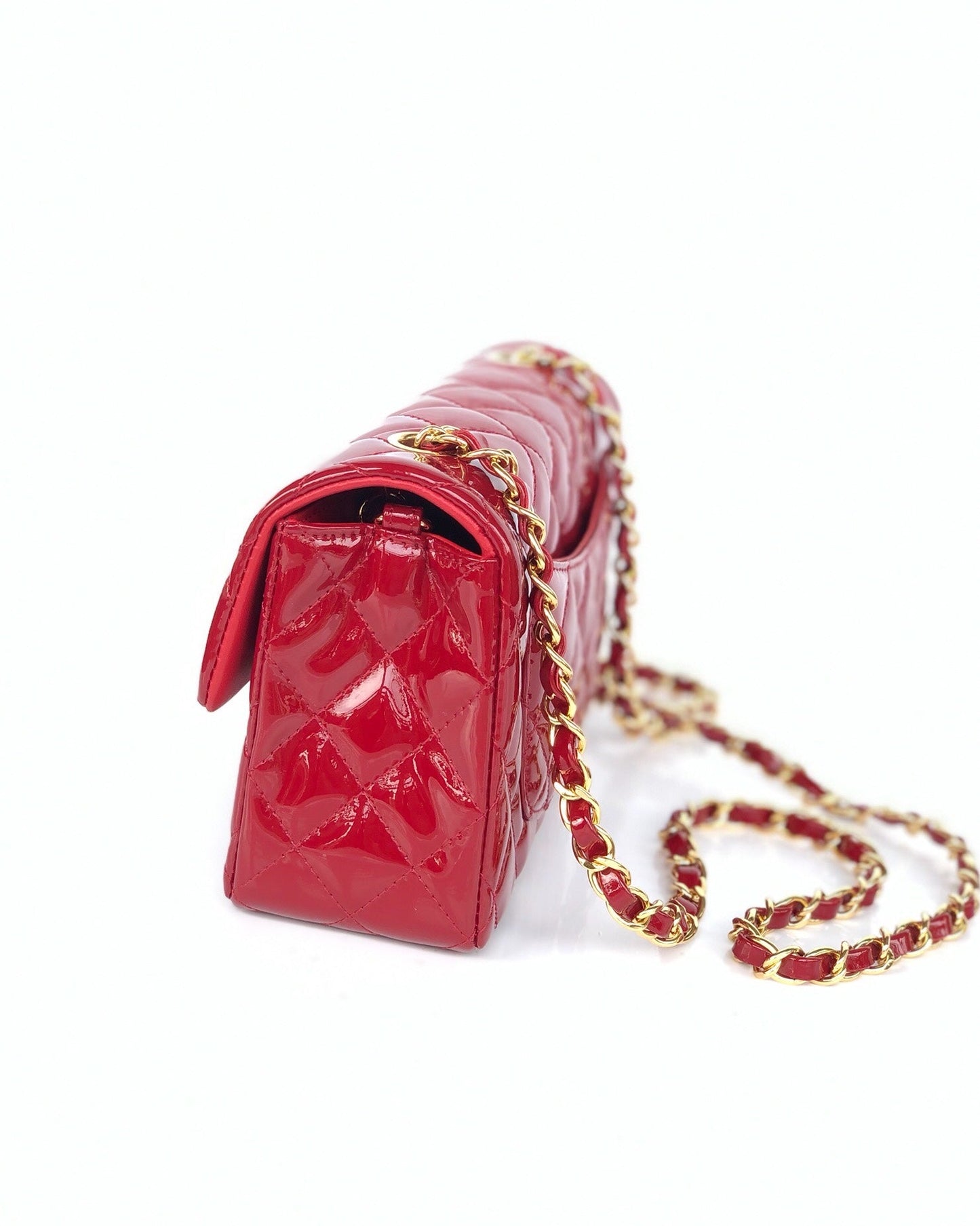 MINI RECTANGLE FLAP BAG 20CM RED PATENT CALFSKIN GOLD HARDWARE