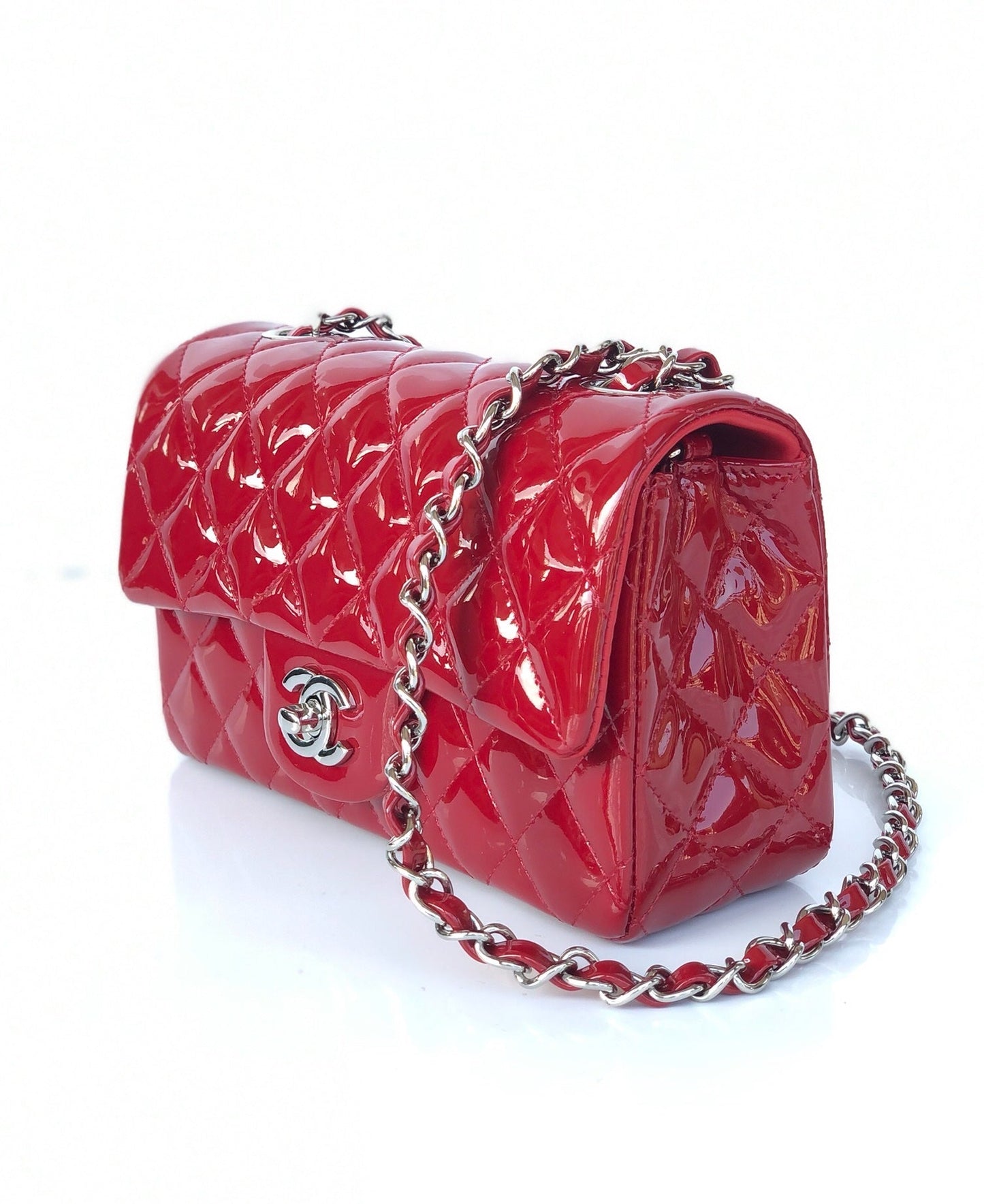 MINI RECTANGLE FLAP BAG 20CM RED PATENT CALFSKIN SILVER HARDWARE