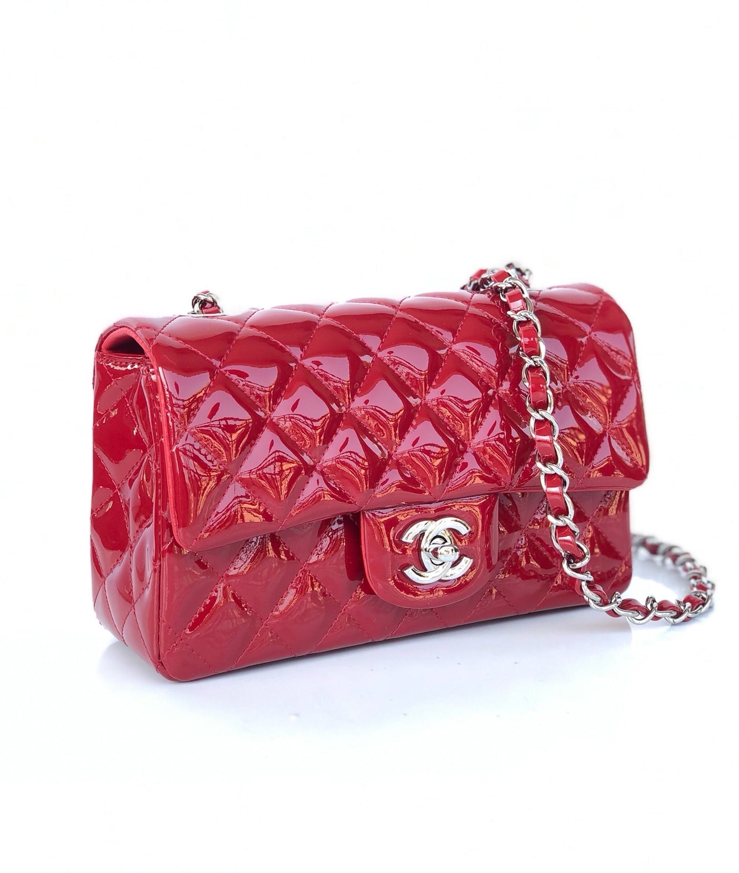 MINI RECTANGLE FLAP BAG 20CM RED PATENT CALFSKIN SILVER HARDWARE