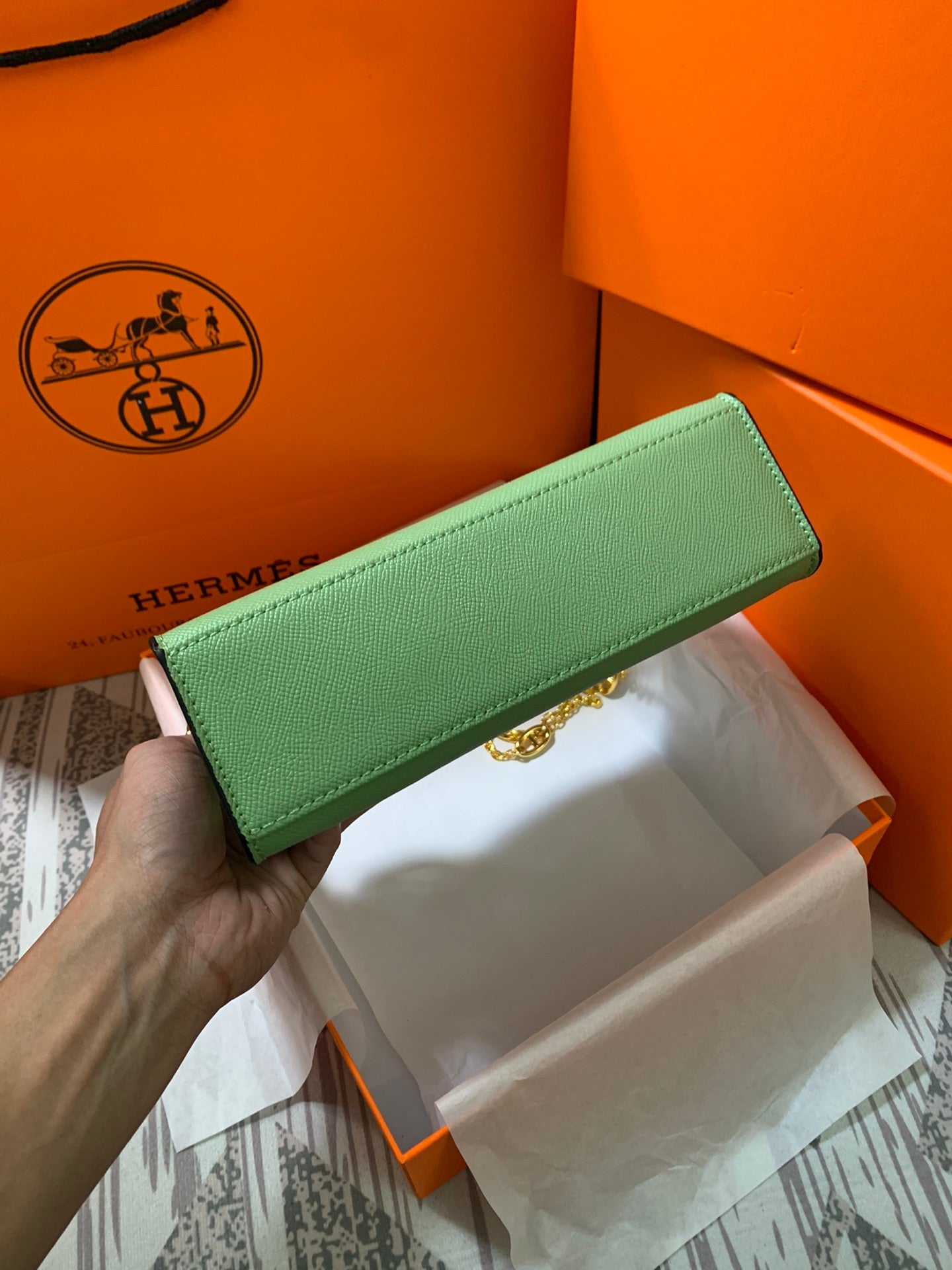 HM KELLY MINI POCHETTE 22 GREEN CALFSKIN