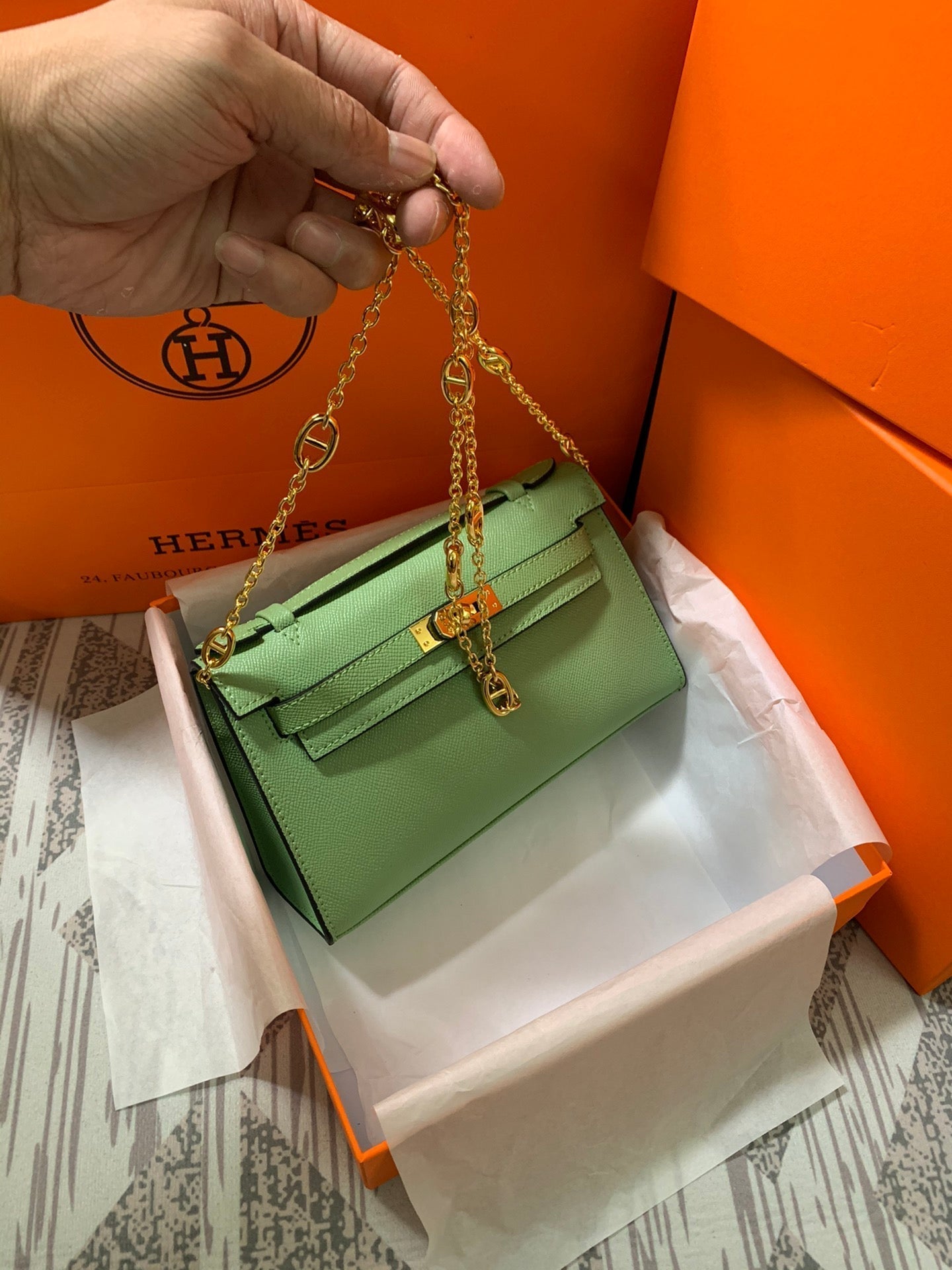 HM KELLY MINI POCHETTE 22 GREEN CALFSKIN