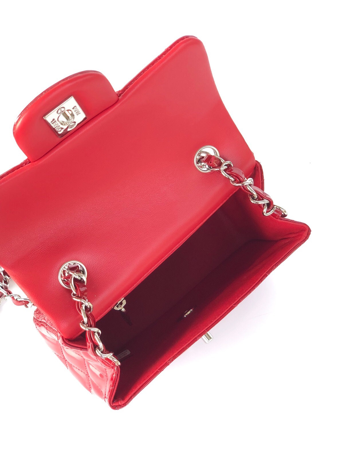 MINI SQUARE FLAP BAG 17CM RED PATENT CALFSKIN SILVER HARDWARE