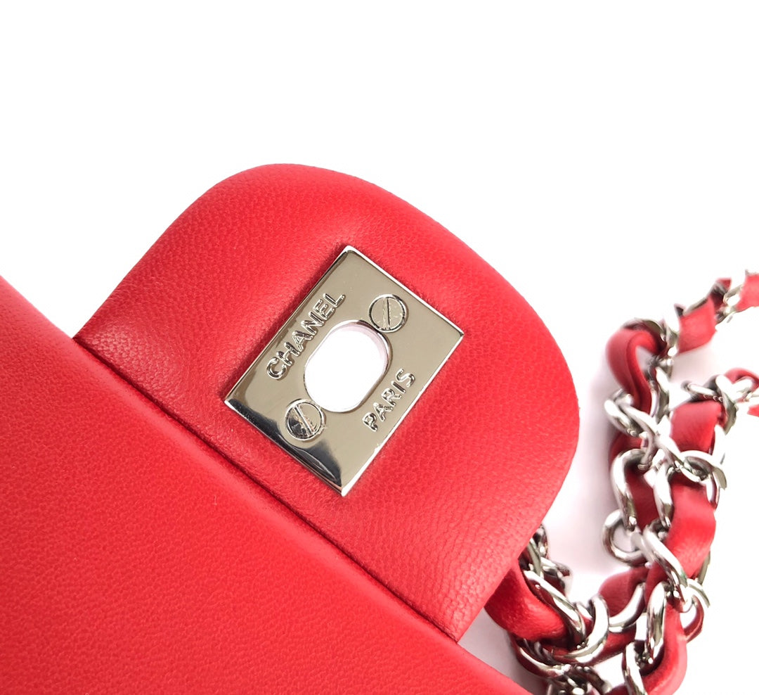 MINI RECTANGLE FLAP BAG 20CM RED LAMBSKIN SILVER HARDWARE