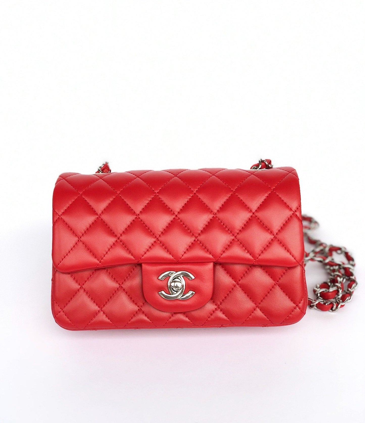 MINI RECTANGLE FLAP BAG 20CM RED LAMBSKIN SILVER HARDWARE