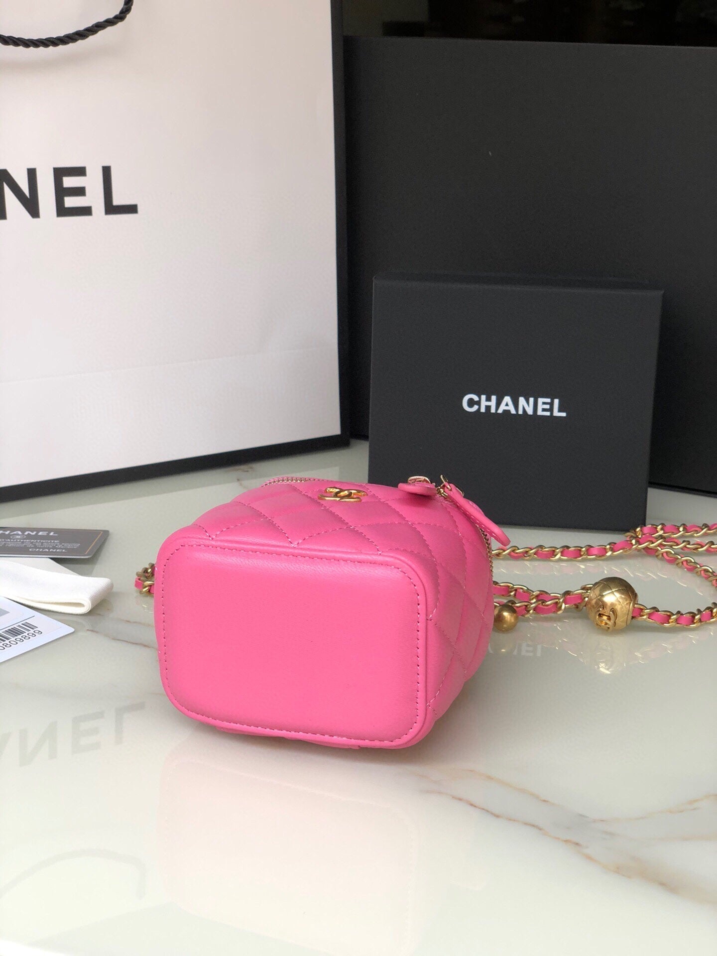 CC MINI 11 VANITY CHAIN IN BRIGHT PINK CALFSKIN GOLD HARDWARE