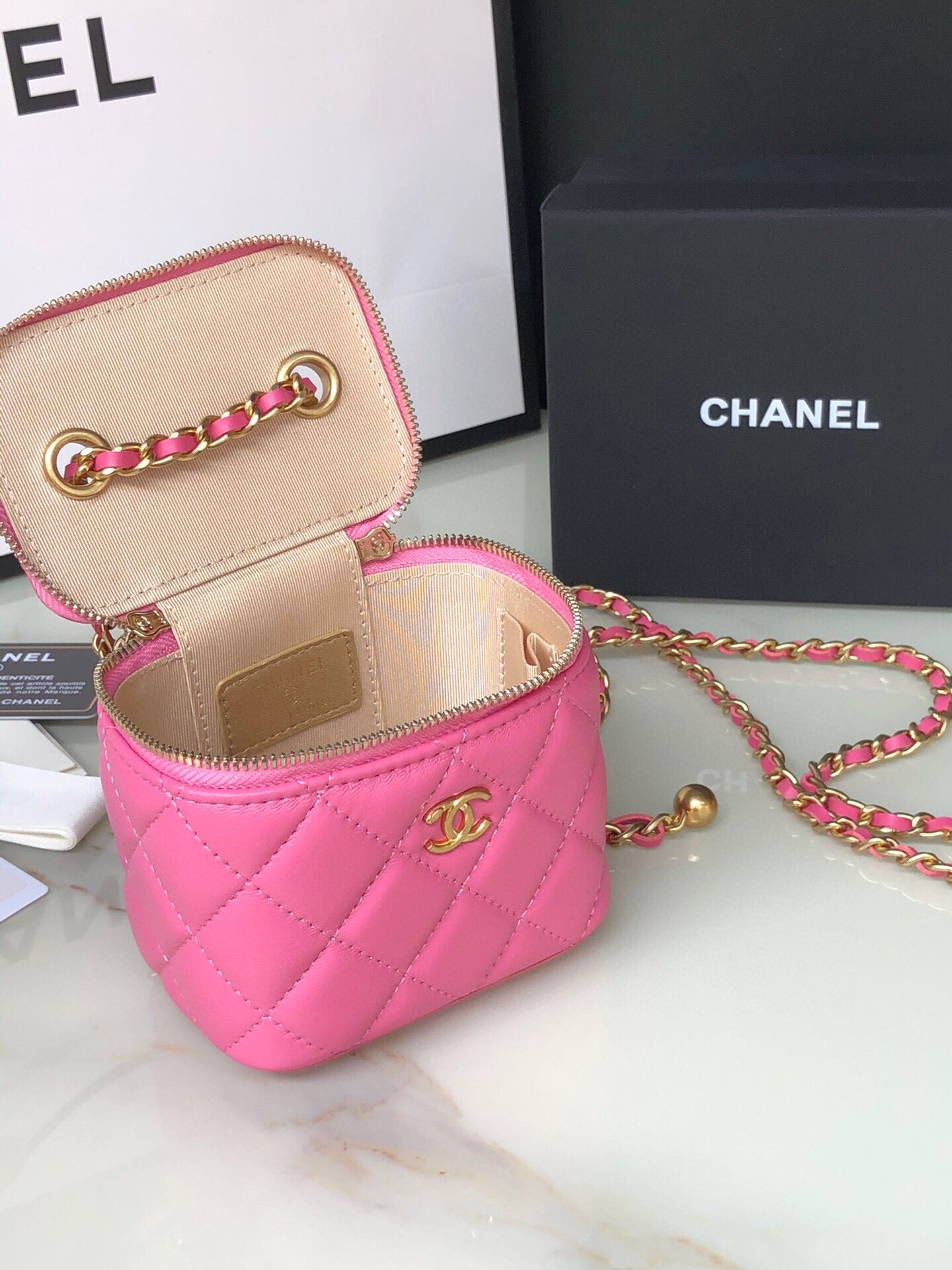 CC MINI 11 VANITY CHAIN IN BRIGHT PINK CALFSKIN GOLD HARDWARE