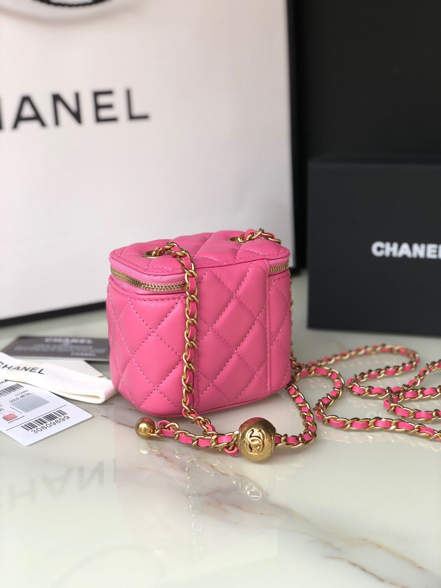 CC MINI 11 VANITY CHAIN IN BRIGHT PINK CALFSKIN GOLD HARDWARE