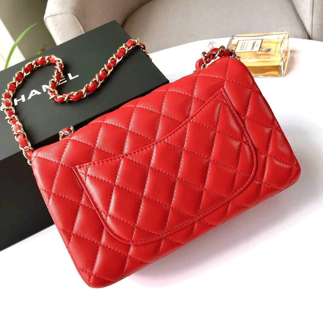 MINI RECTANGLE FLAP BAG 20CM RED LAMBSKIN GOLD HARDWARE