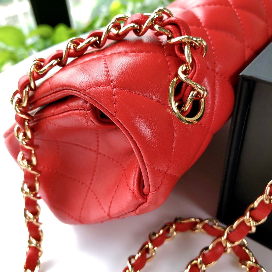 MINI RECTANGLE FLAP BAG 20CM RED LAMBSKIN GOLD HARDWARE