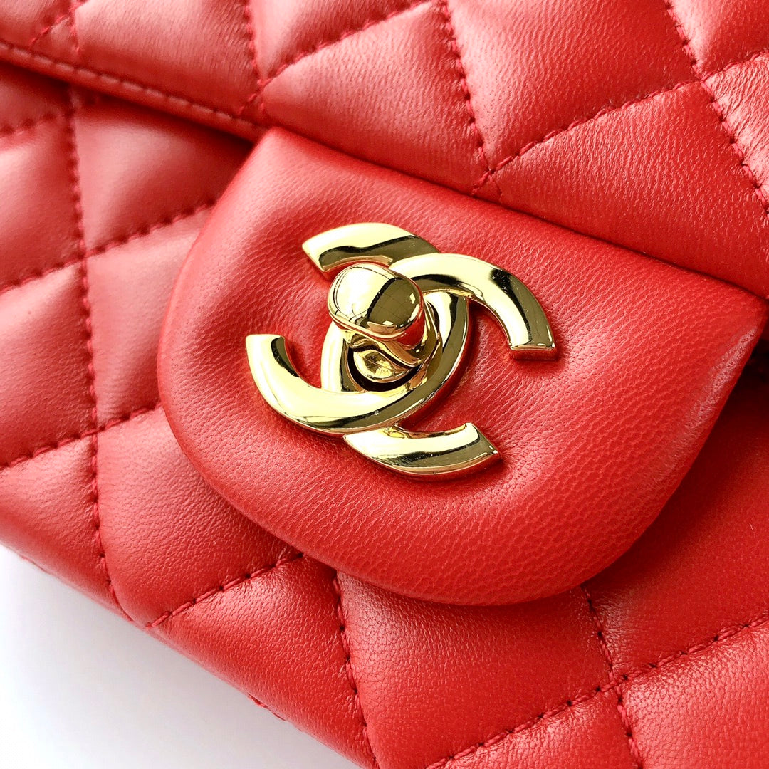 MINI RECTANGLE FLAP BAG 20CM RED LAMBSKIN GOLD HARDWARE