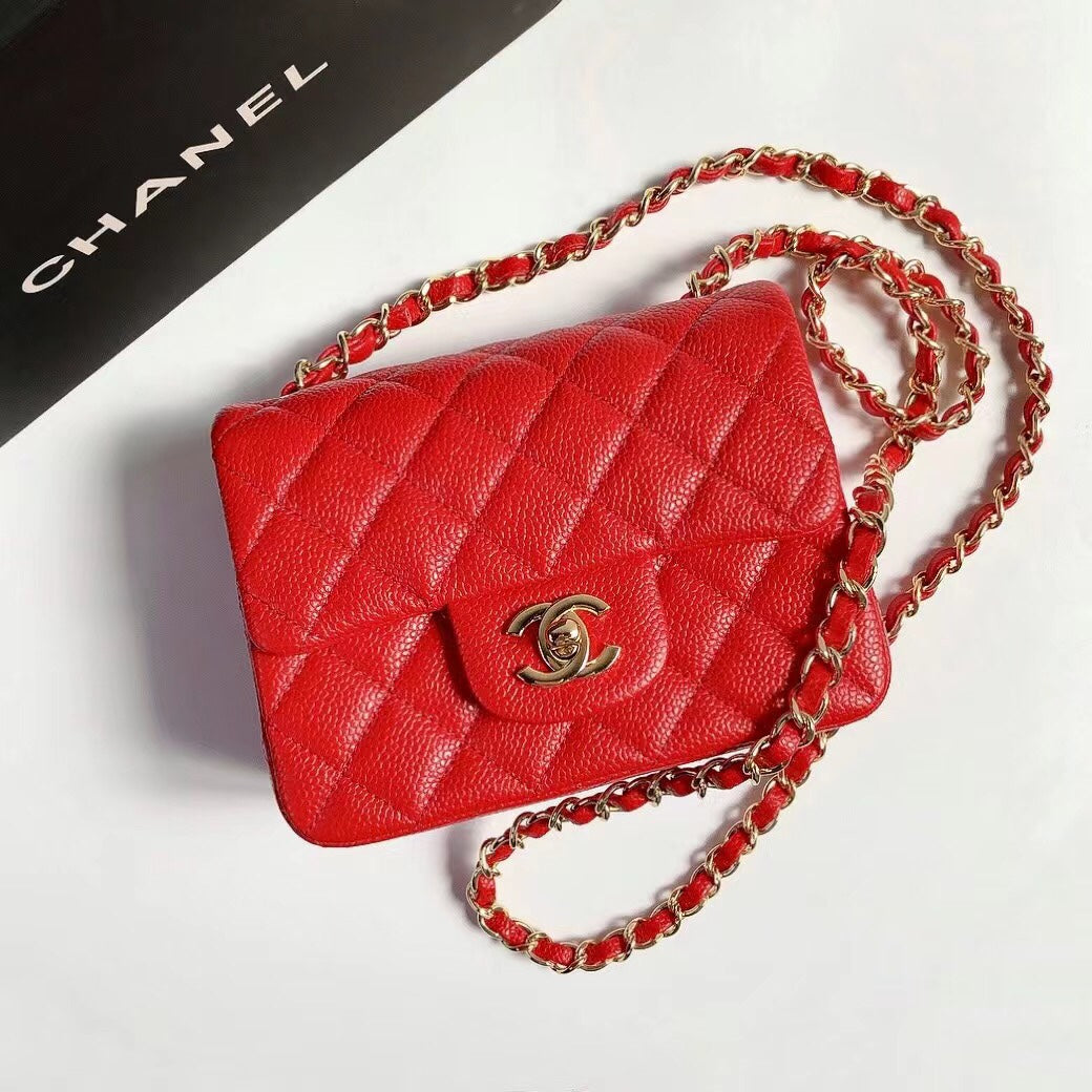 MINI SQUARE FLAP BAG 17CM RED CAVIAR GOLD HARDWARE