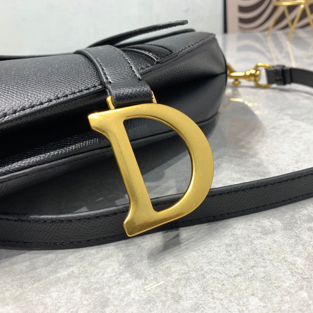 CD Saddle Bag Strap Warm Taupe Grained Black Calfskin