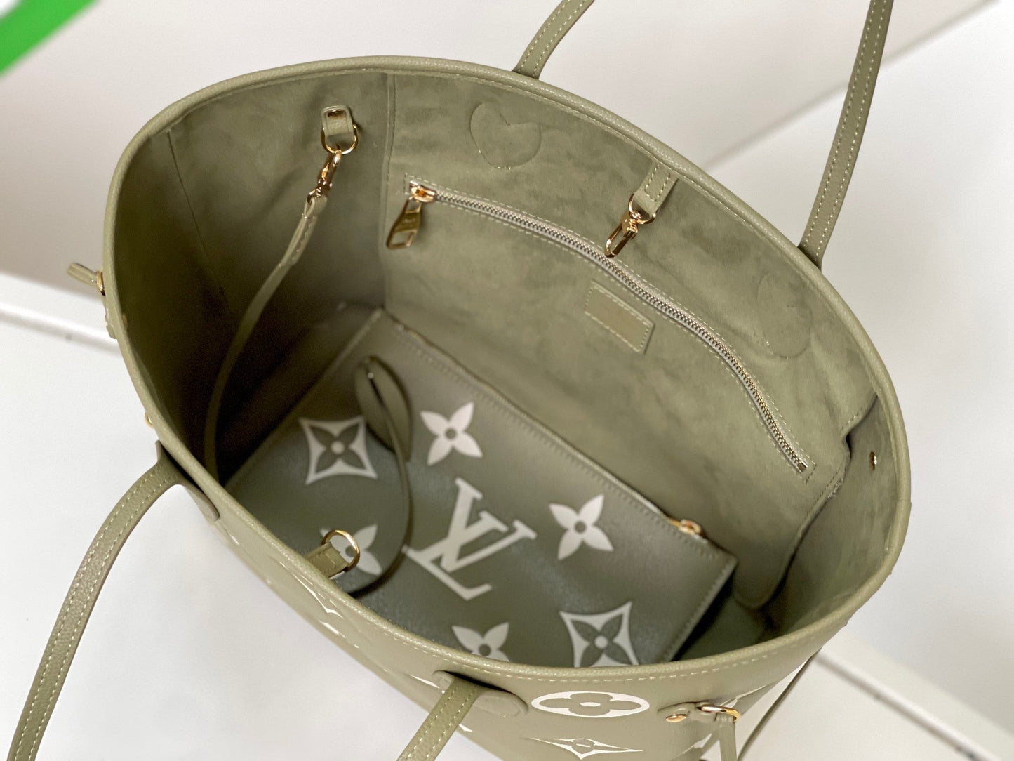 NEVERFULL MM 32 KHAKI CREAM MONOGRAM EMPREINTE LEATHER