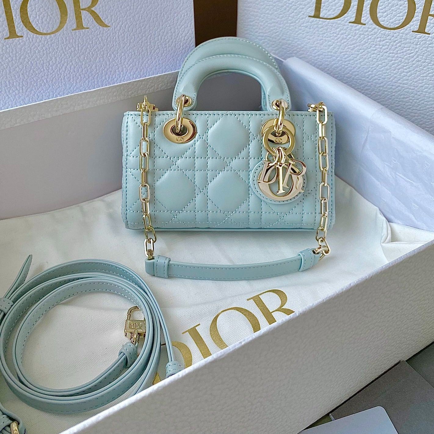 MINI D-JOY BAG 17 IN LIGHT BLUE LAMBSKIN