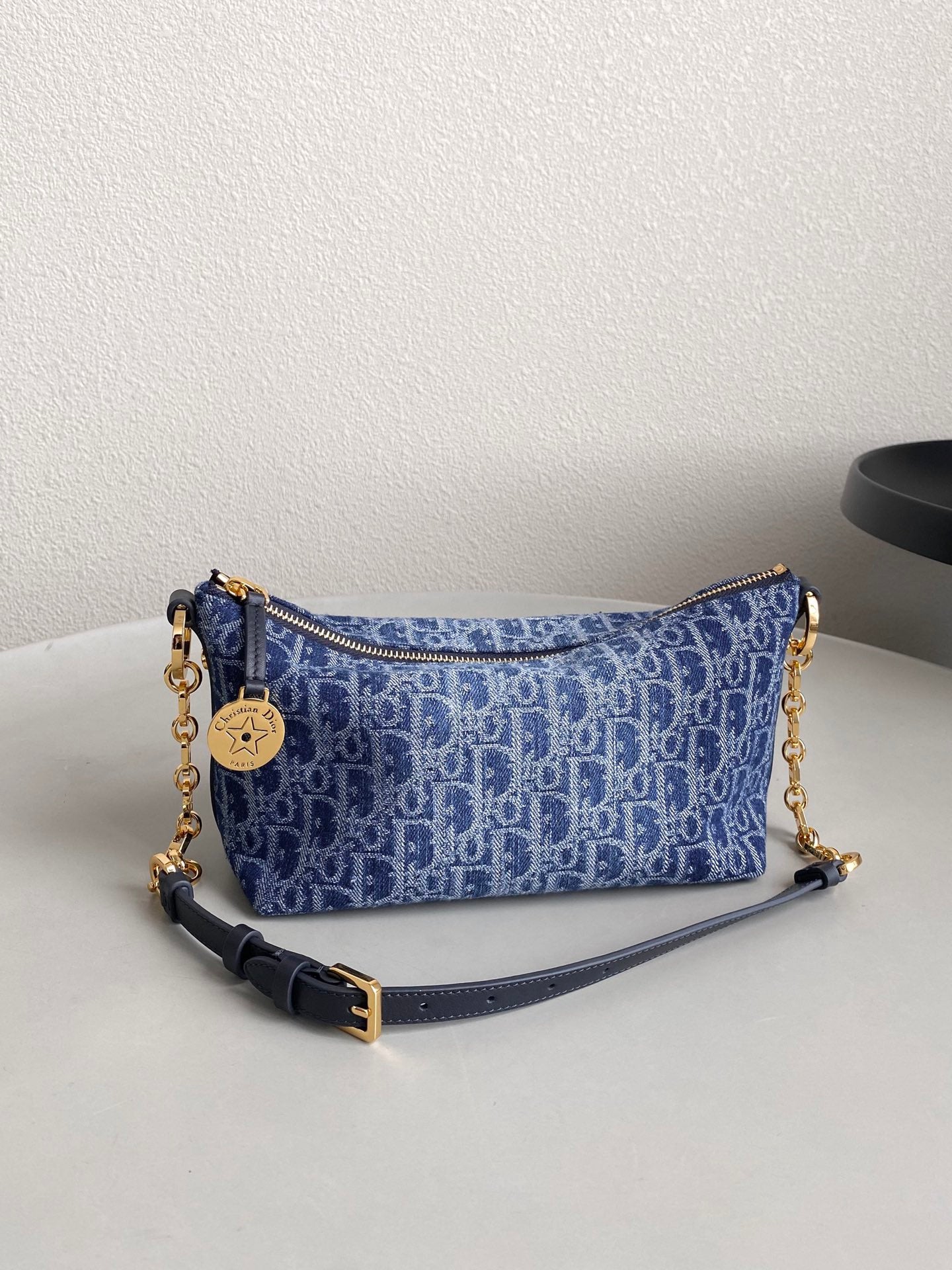 DIORSTAR 28 HOBO BAG WITH CHAIN BLUE DENIM OBLIQUE JACQUARD