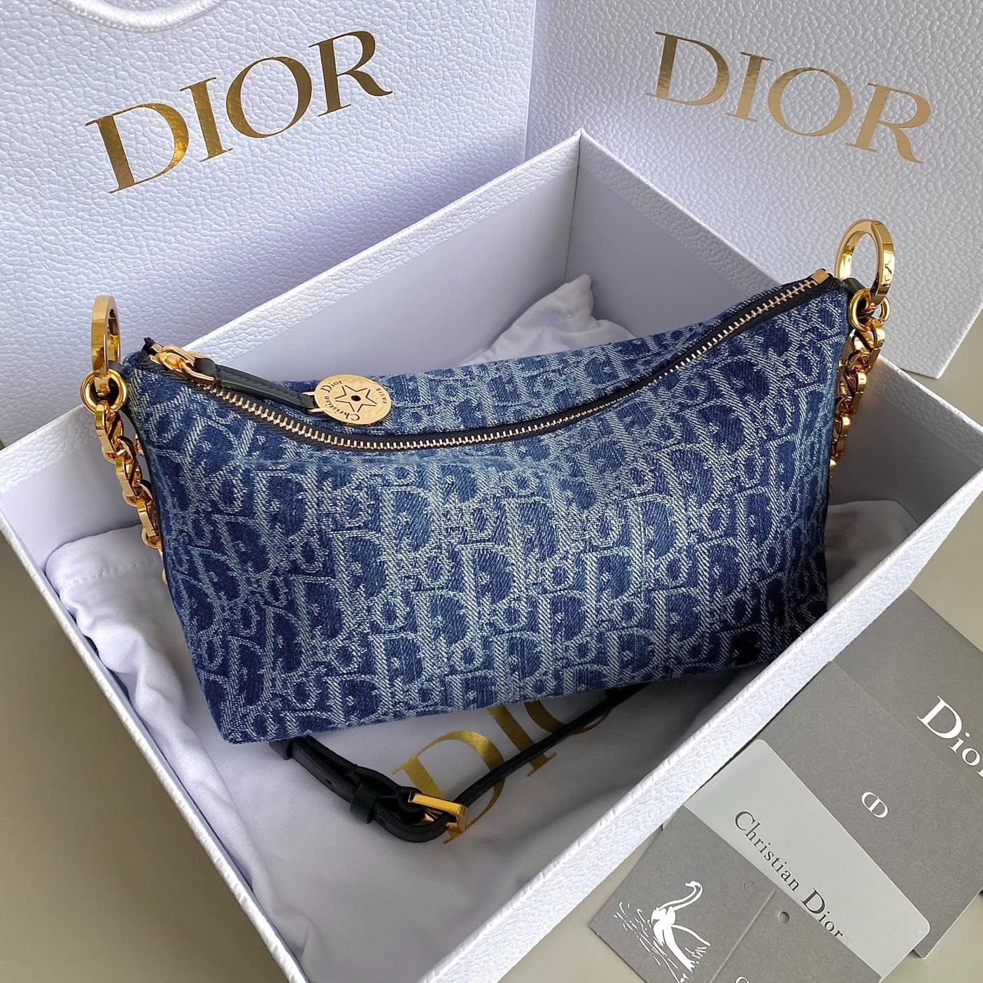 DIORSTAR 28 HOBO BAG WITH CHAIN BLUE DENIM OBLIQUE JACQUARD