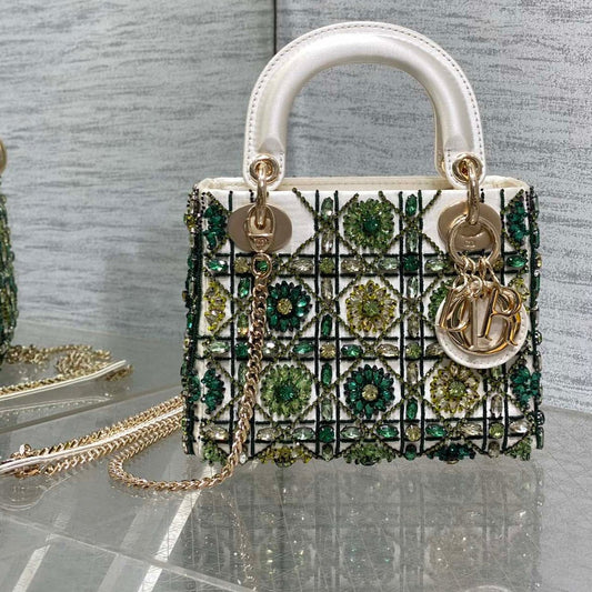 MINI 17 LADY BAG IN WHITE SATIN WITH GREEN EMBROIDERED BEADWORK