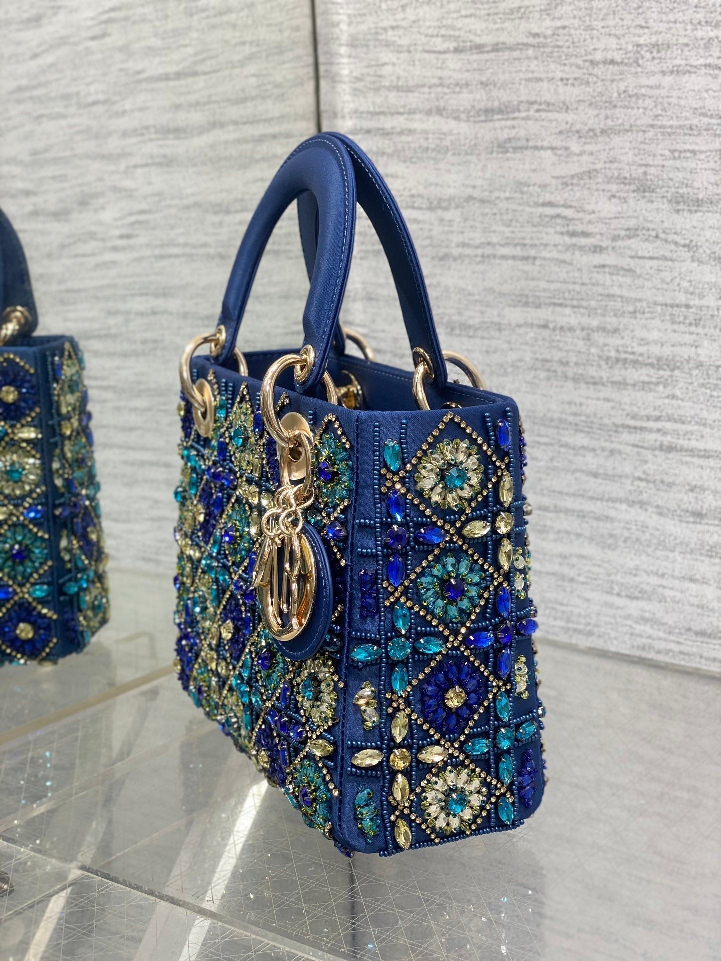 MINI 20 LADY BAG IN COBALT BLUE SATIN WITH COLORFUL EMBROIDERED BEADWORK