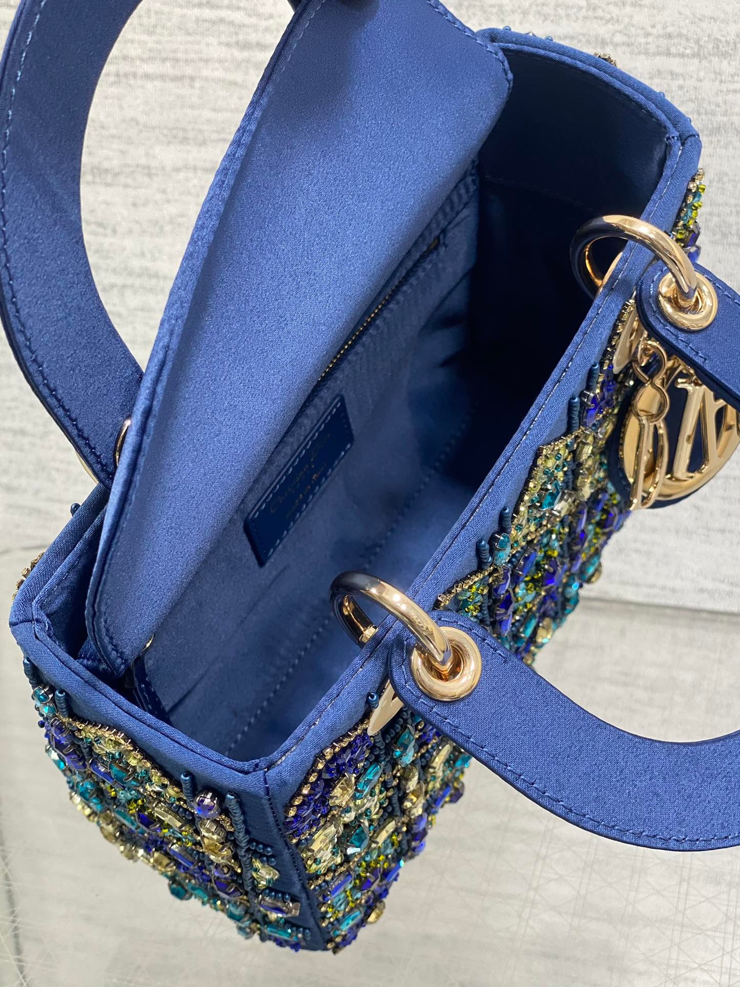 MINI 20 LADY BAG IN COBALT BLUE SATIN WITH COLORFUL EMBROIDERED BEADWORK