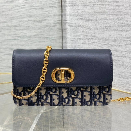 MONTAIGNE AVENUE MINI 19 BAG IN NAVY BLUE CALFSKIN AND MONOGRAM OBLIQUE JACQUARD