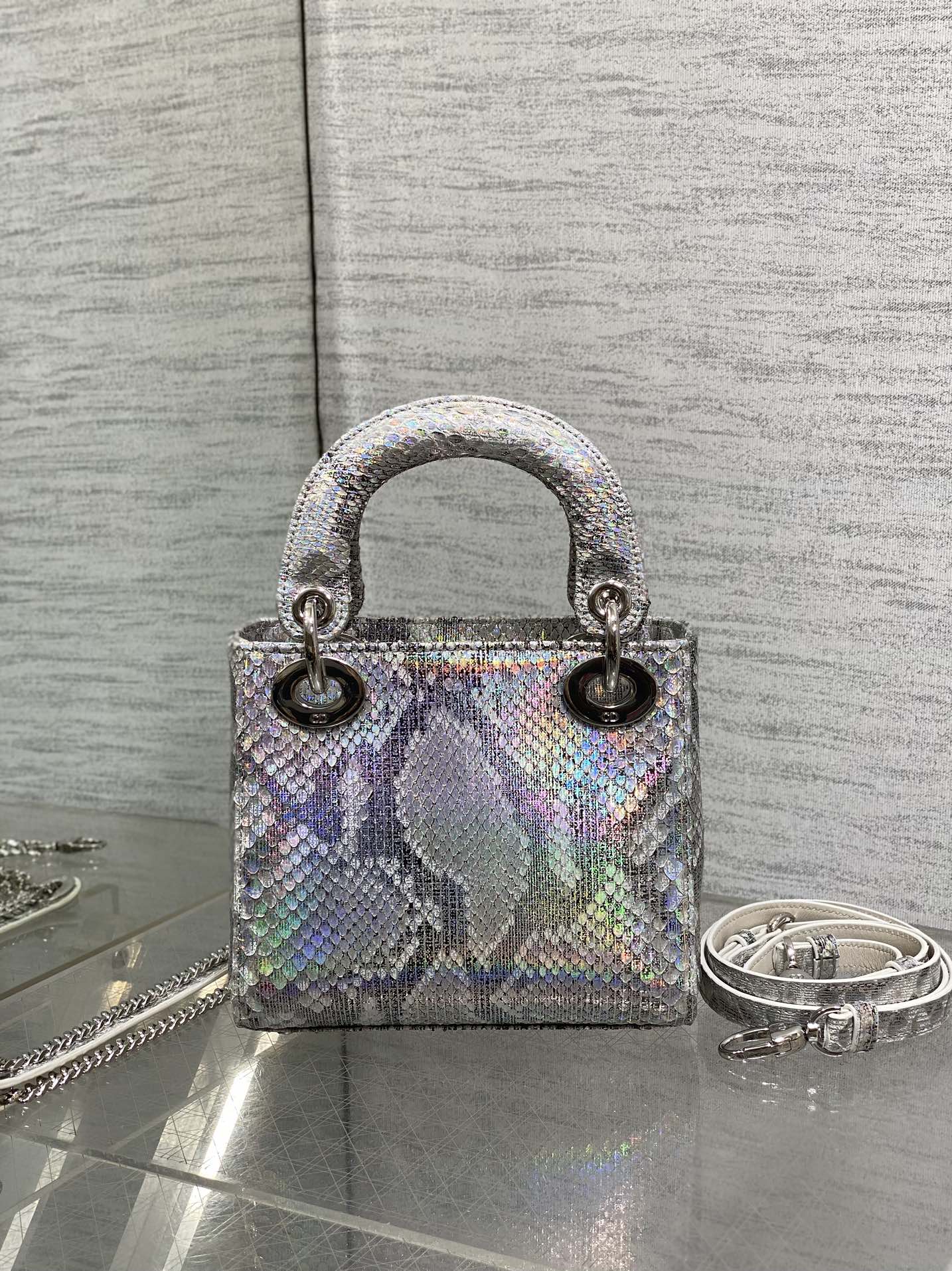 MINI 17 LADY BAG IN SILVER SNAKESKIN PATTERN LAMBSKIN