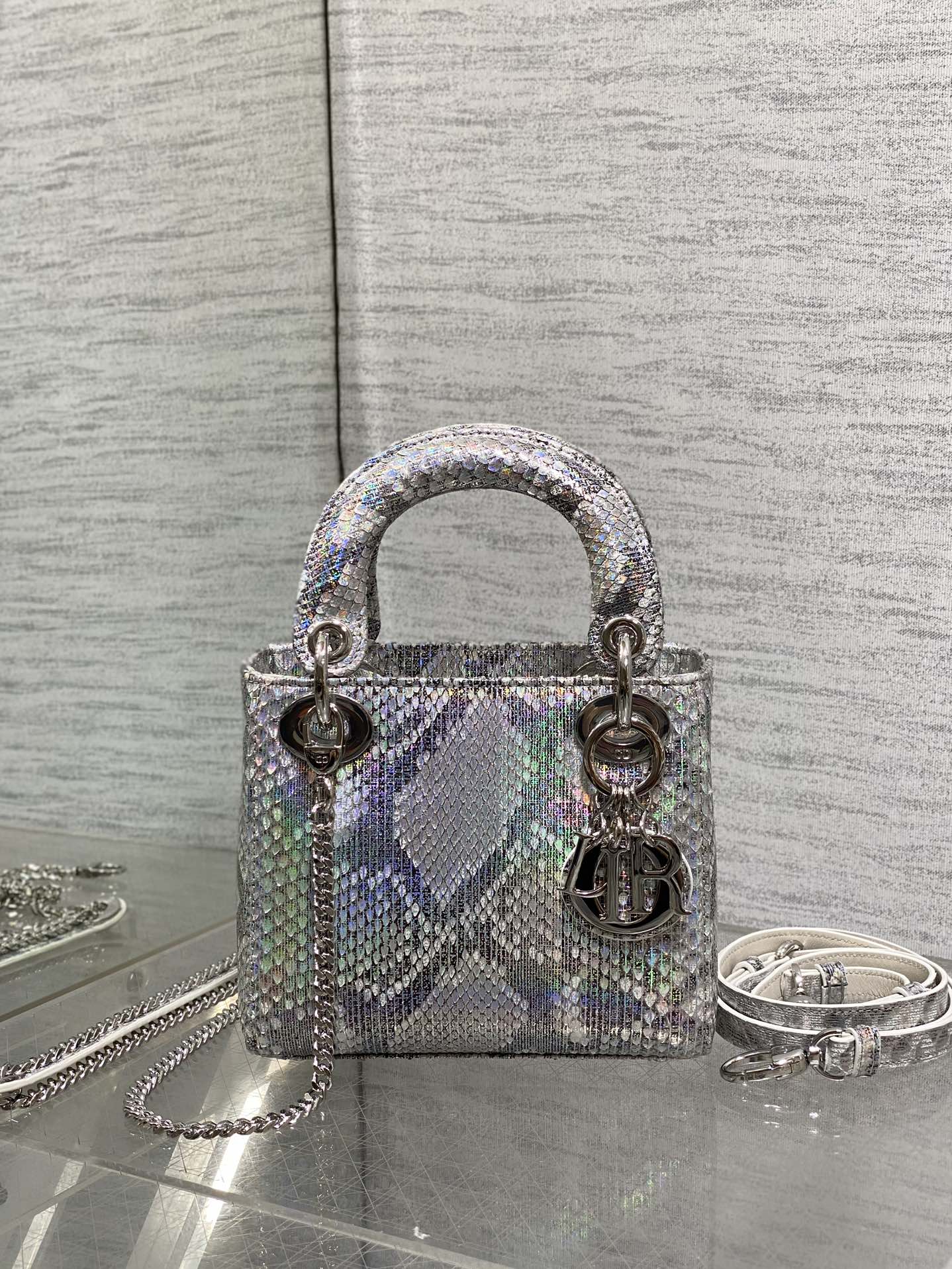 MINI 17 LADY BAG IN SILVER SNAKESKIN PATTERN LAMBSKIN