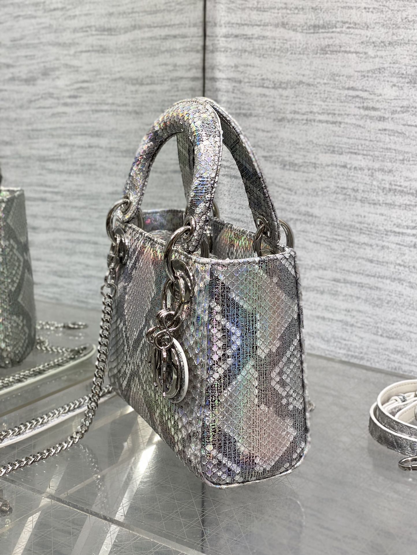 MINI 17 LADY BAG IN SILVER SNAKESKIN PATTERN LAMBSKIN