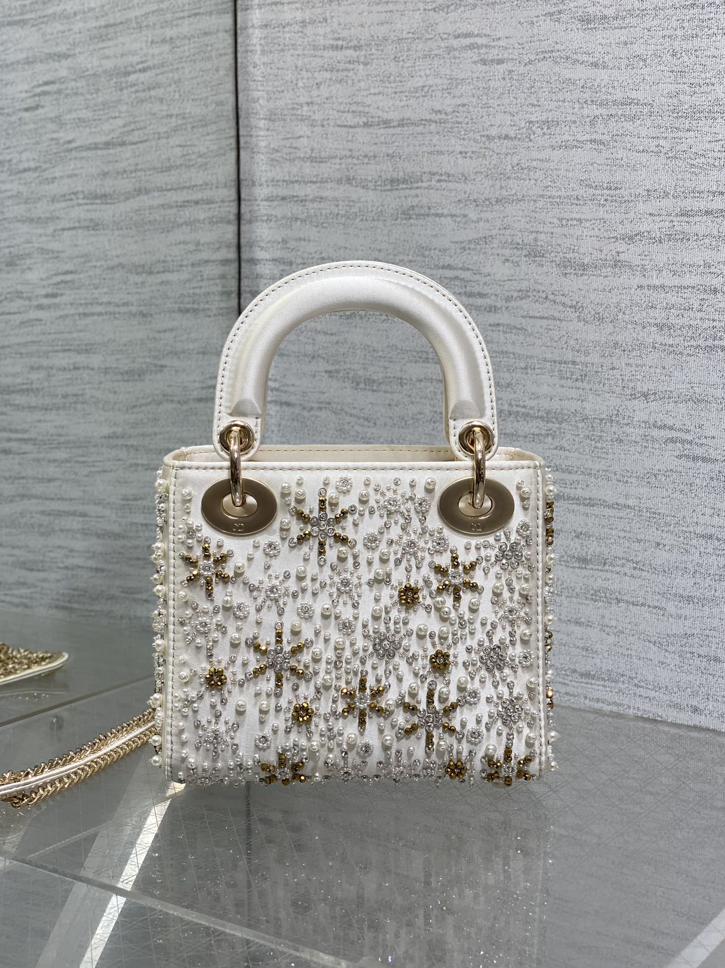 MINI 17 LADY BAG IN WHITE SATIN EMBROIDERED WITH BEADS