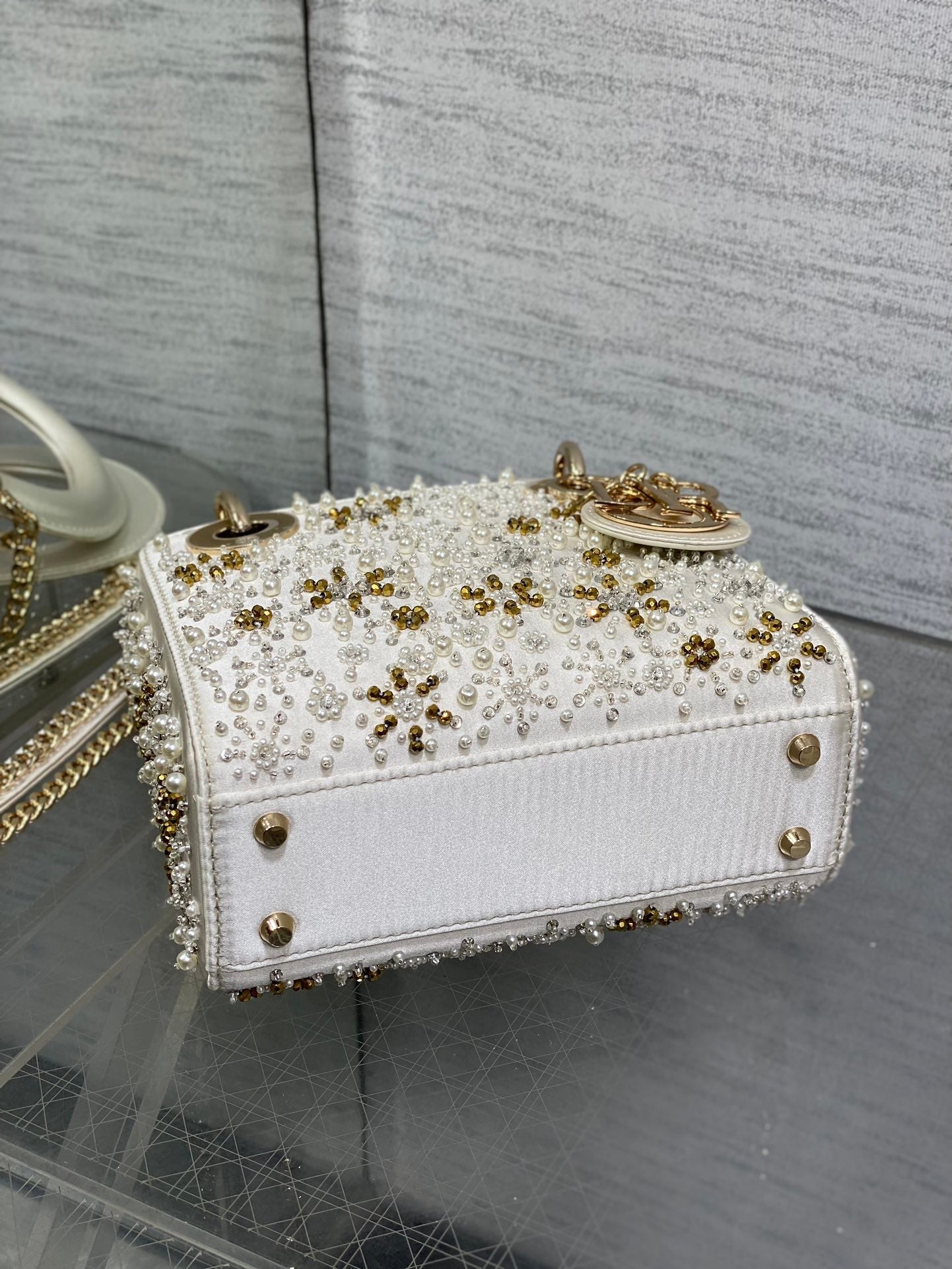 MINI 17 LADY BAG IN WHITE SATIN EMBROIDERED WITH BEADS