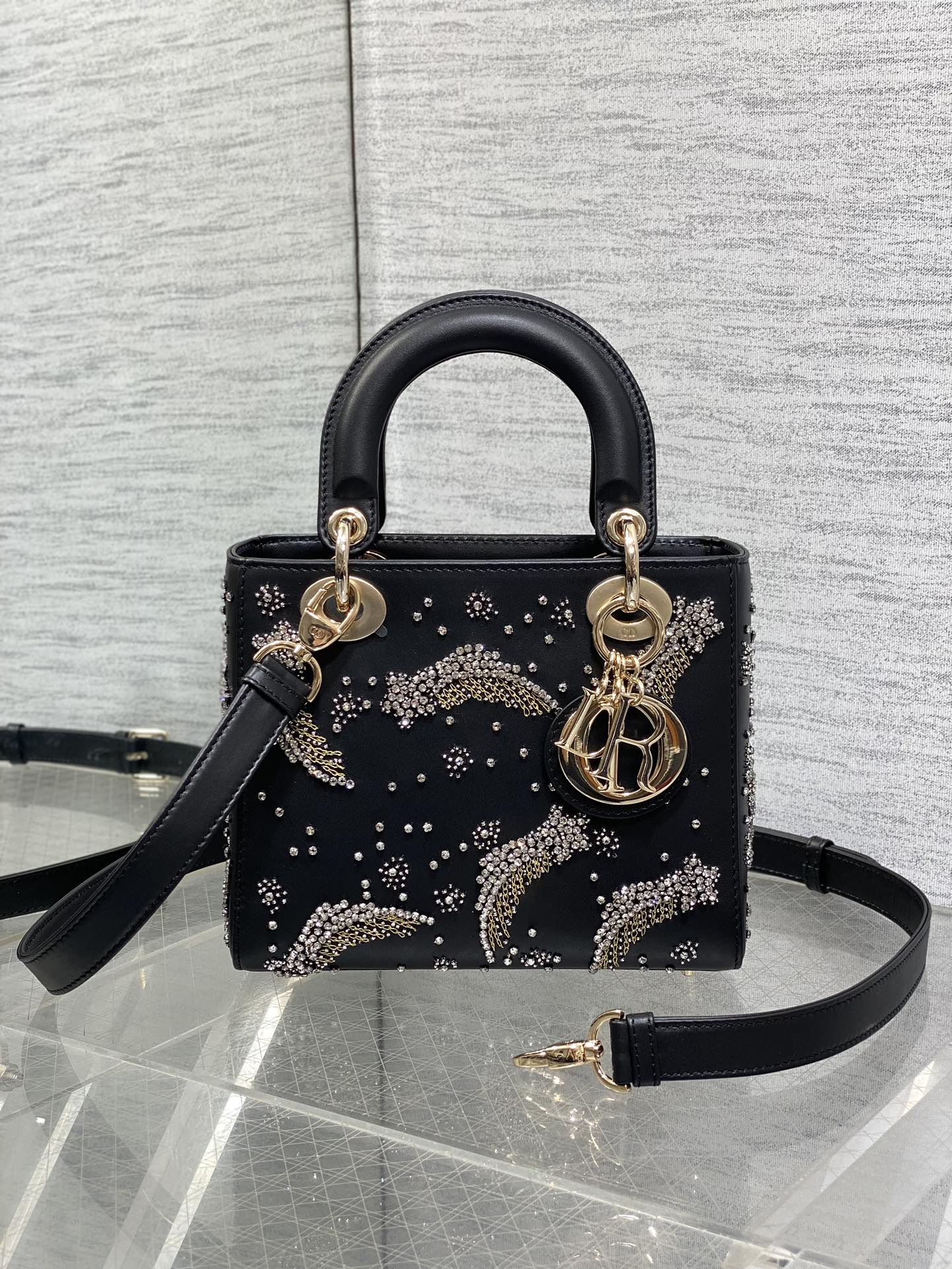 SMALL 20 BAG BLACK LAMBSKIN WITH SHOOTING STAR EMBROIDERY WOMEN