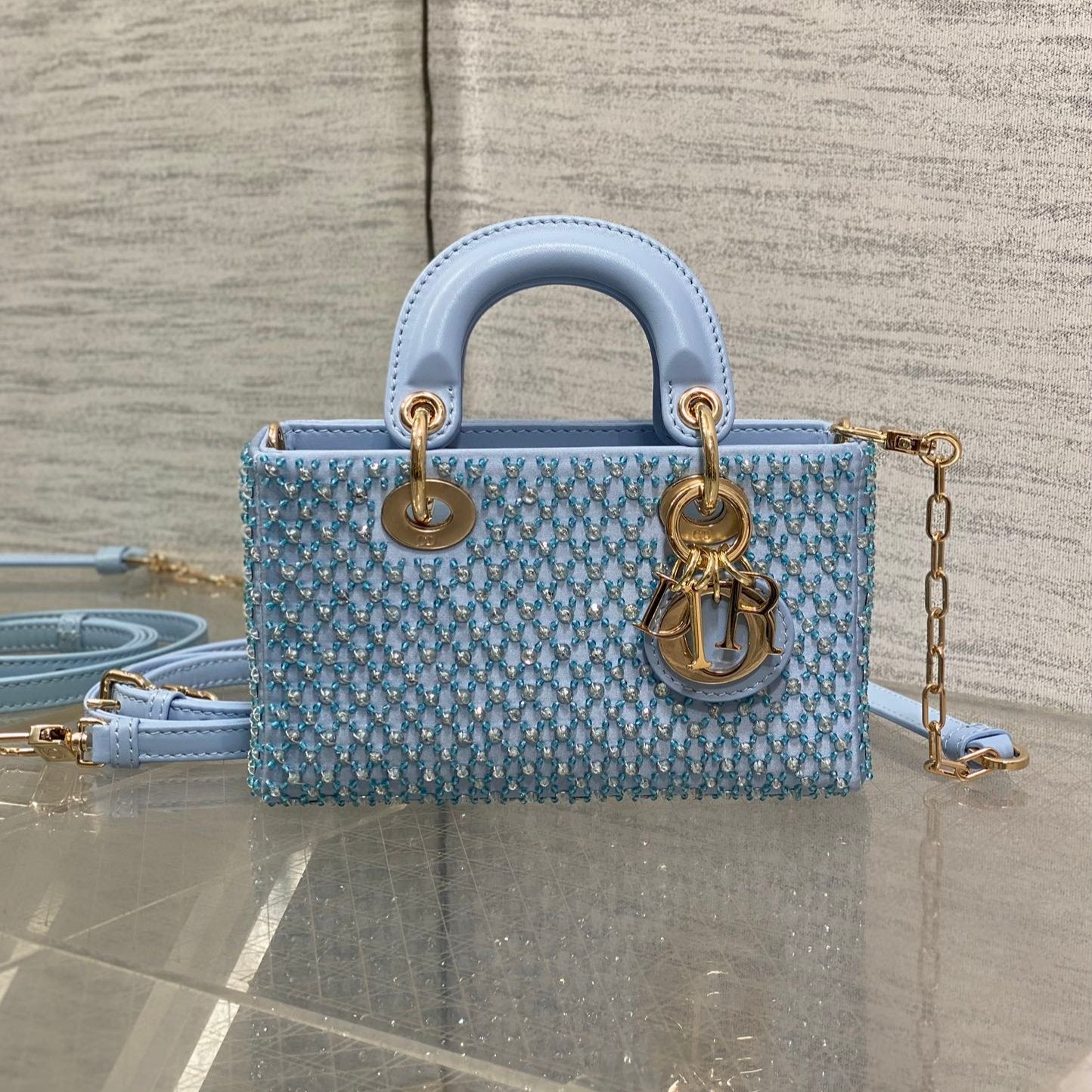 SMALL 16 LADY D-JOY BAG  IN POWDER BLUE CANNAGE LAMBSKIN WITH EMBROIDERED BEADWORK  BEADWORK