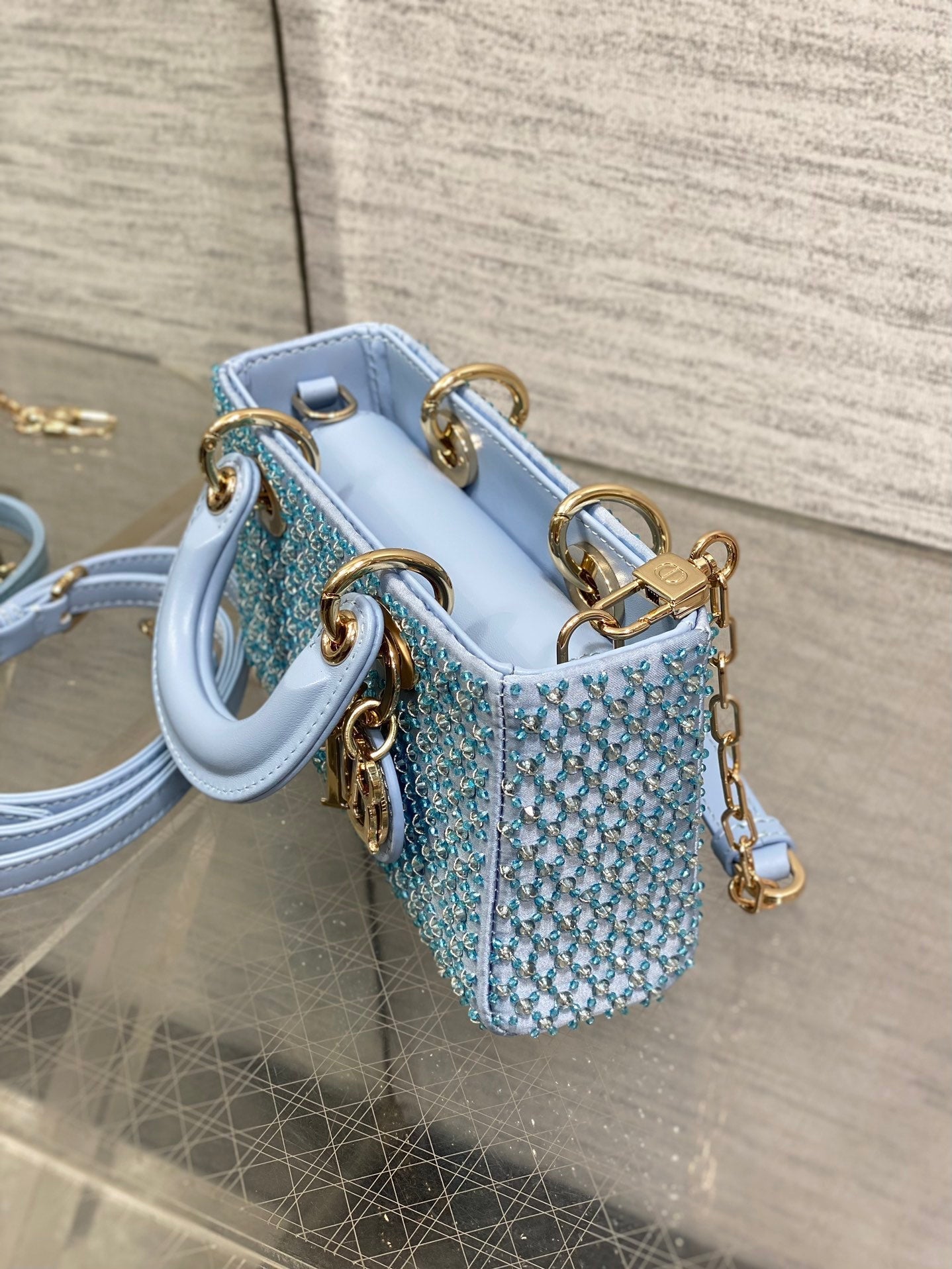 SMALL 16 LADY D-JOY BAG  IN POWDER BLUE CANNAGE LAMBSKIN WITH EMBROIDERED BEADWORK  BEADWORK