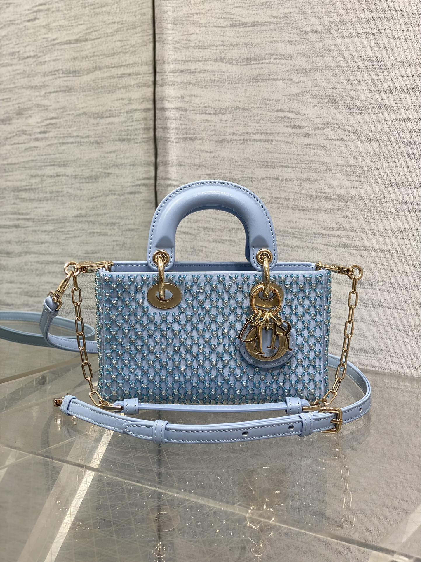 SMALL 16 LADY D-JOY BAG  IN POWDER BLUE CANNAGE LAMBSKIN WITH EMBROIDERED BEADWORK  BEADWORK