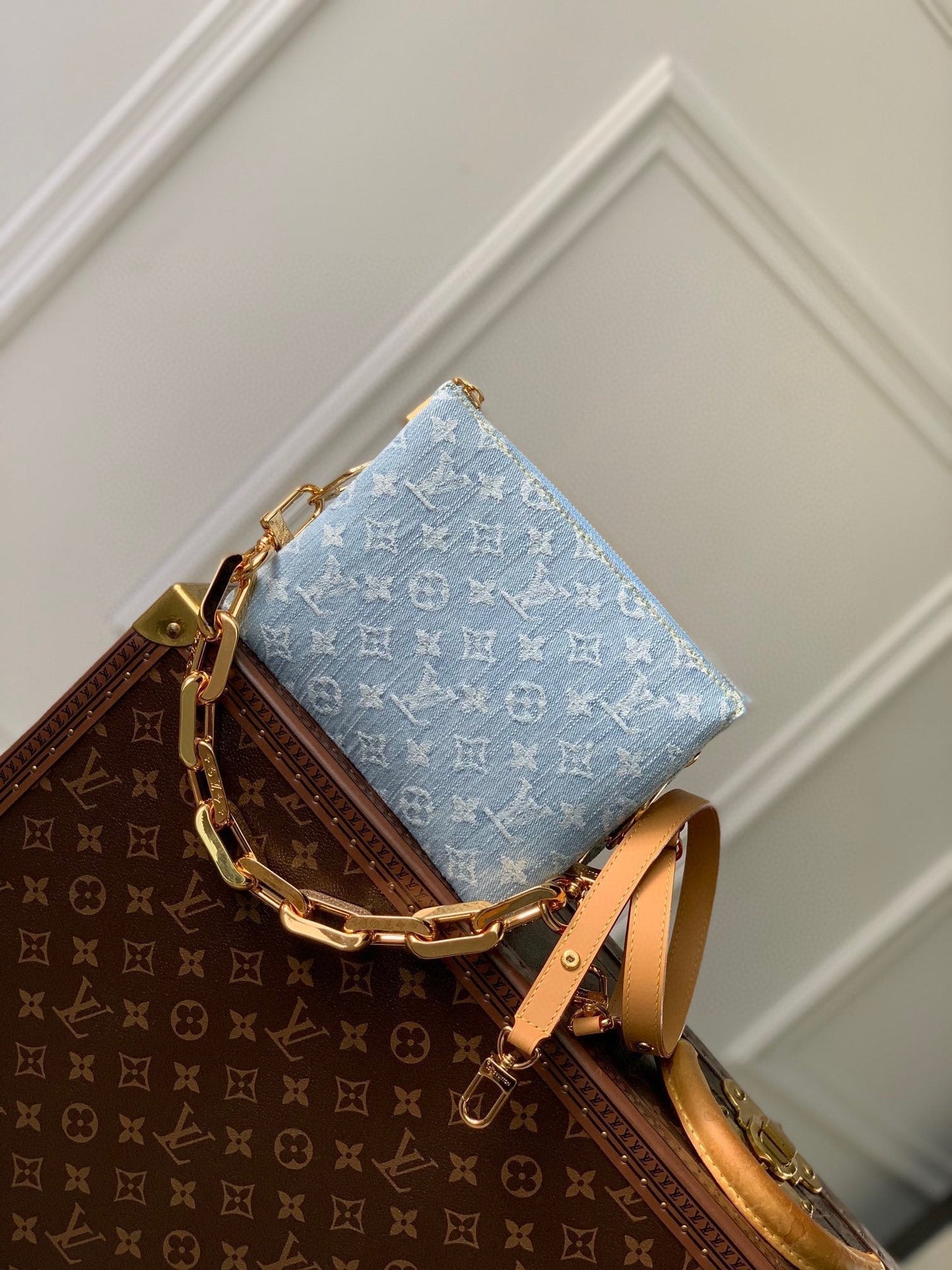 COUSSIN BB 21 IN LIGHT BLUE MONOGRAM DENIM GOLD CHAIN