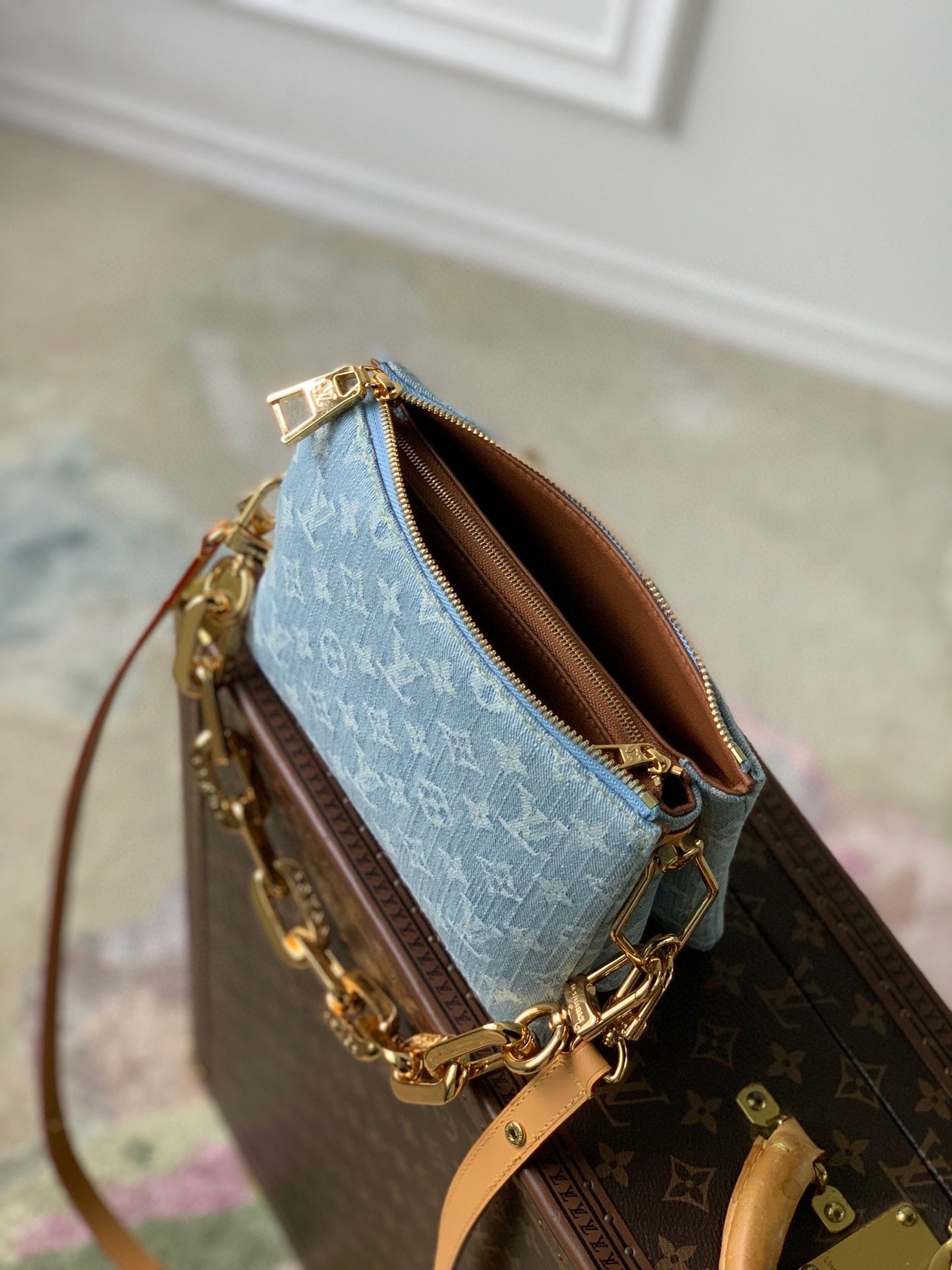 COUSSIN BB 21 IN LIGHT BLUE MONOGRAM DENIM GOLD CHAIN