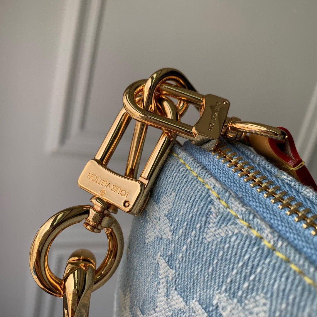 COUSSIN BB 21 IN LIGHT BLUE MONOGRAM DENIM GOLD CHAIN