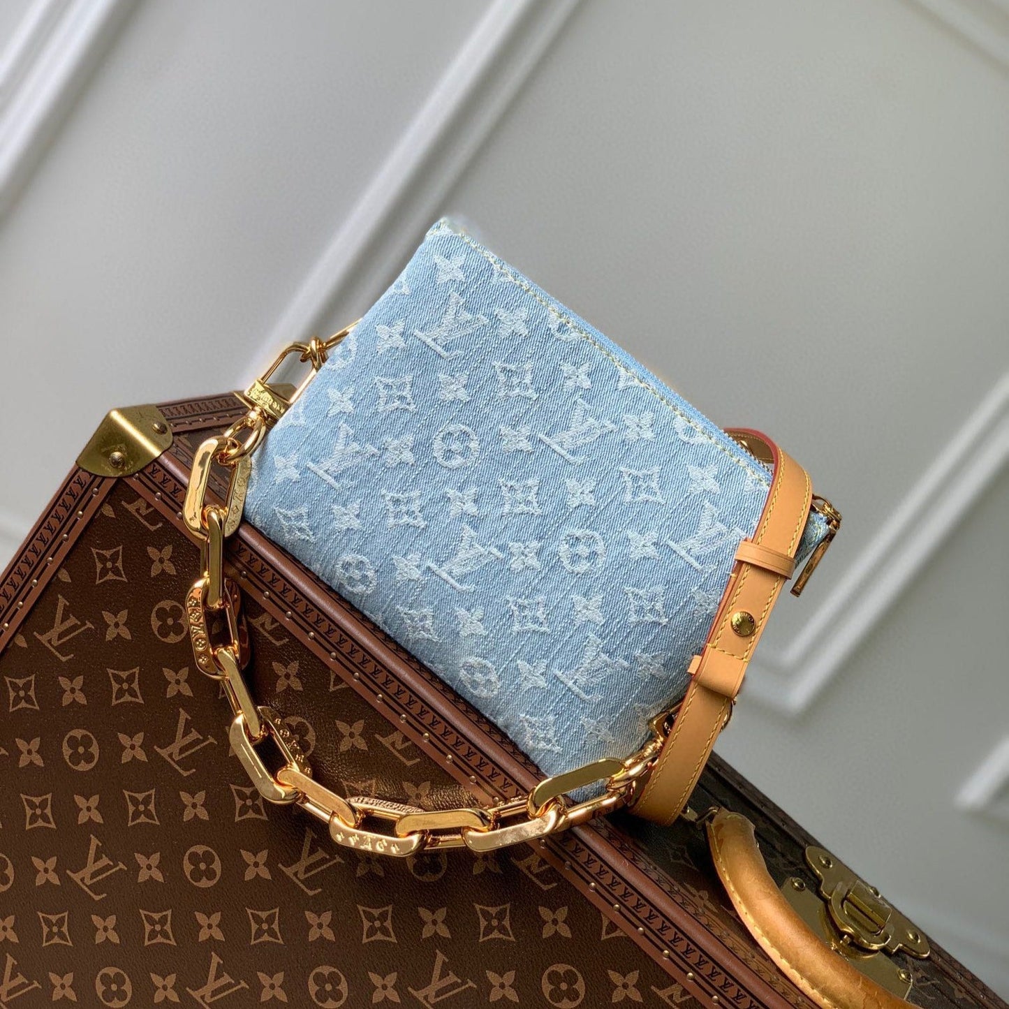 COUSSIN BB 21 IN LIGHT BLUE MONOGRAM DENIM GOLD CHAIN