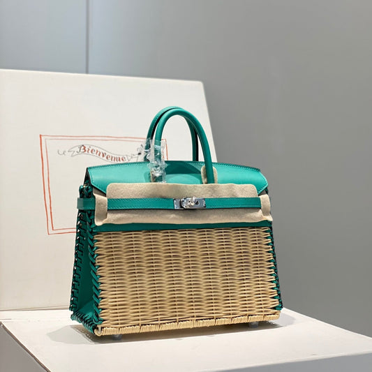 HM BIRKIN 25 CM PICNIC TURQUOISE BAMBOO AND RATTAN