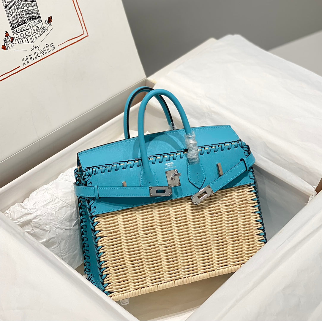 HM BIRKIN 25 CM PICNIC SKY BAMBOO AND RATTAN