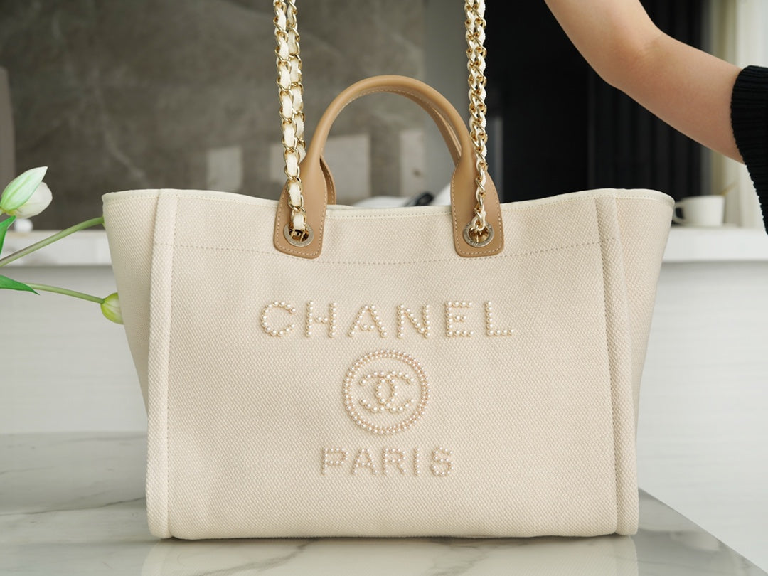 TOTE BAG 39 ATTACHED PEARL LOGO IN BEIGE CANVAS GOLD HARDWARE