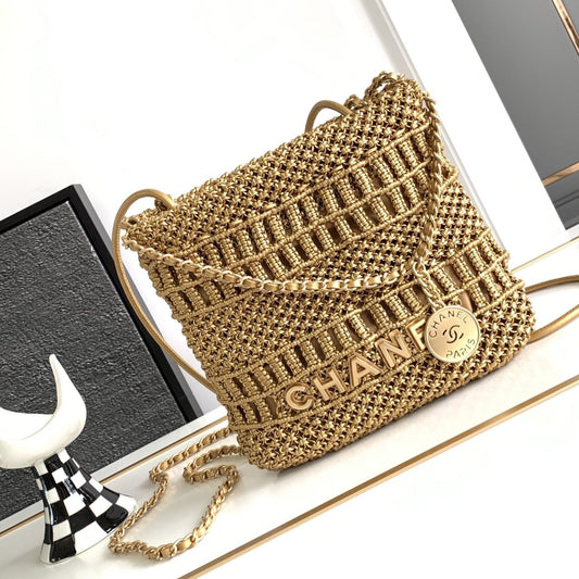 CC Mini 22 Bag 23cm Gold Woven Cowhide Bag